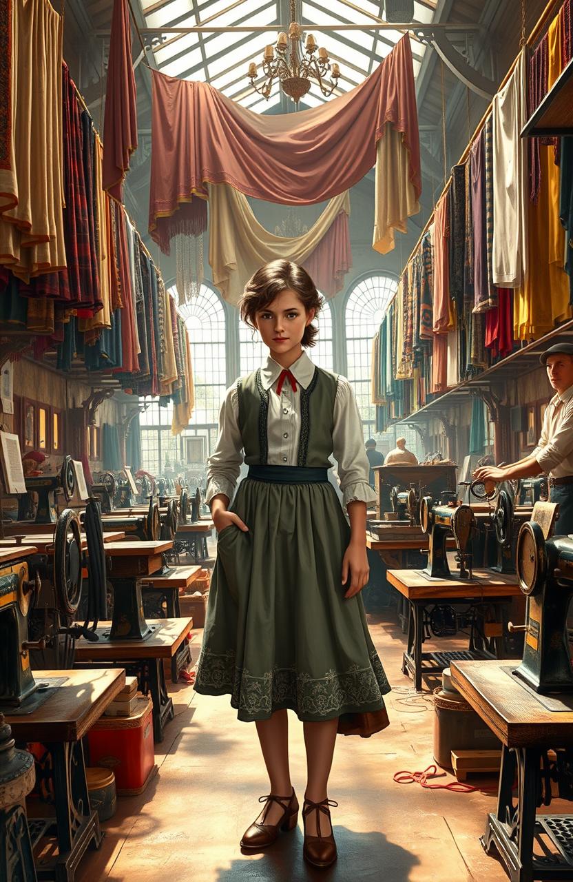 An inspired scene depicting a young girl in the late 19th century Barcelona, standing in a lavish textile factory filled with colorful fabrics and intricate sewing machines