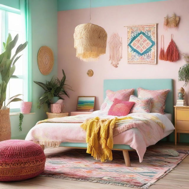 An interior shot of a vibrantly decorated boho bedroom in pastel colors that could be featured in an interior design editorial.