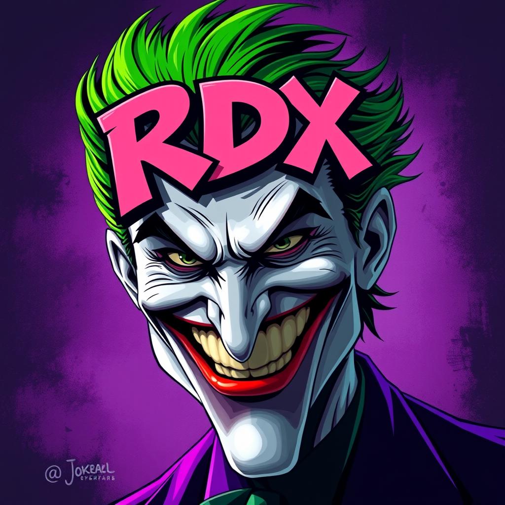 A stylized portrait of the Joker, showcasing his iconic green hair, pale skin, and wide grin