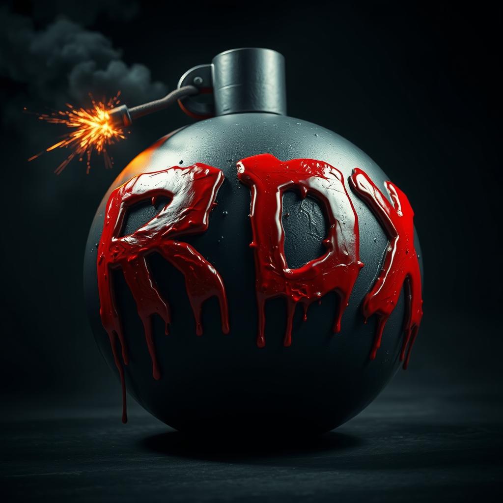 A large bomb with a menacing appearance, featuring the word 'RDX' written in bold, dripping blood-red letters
