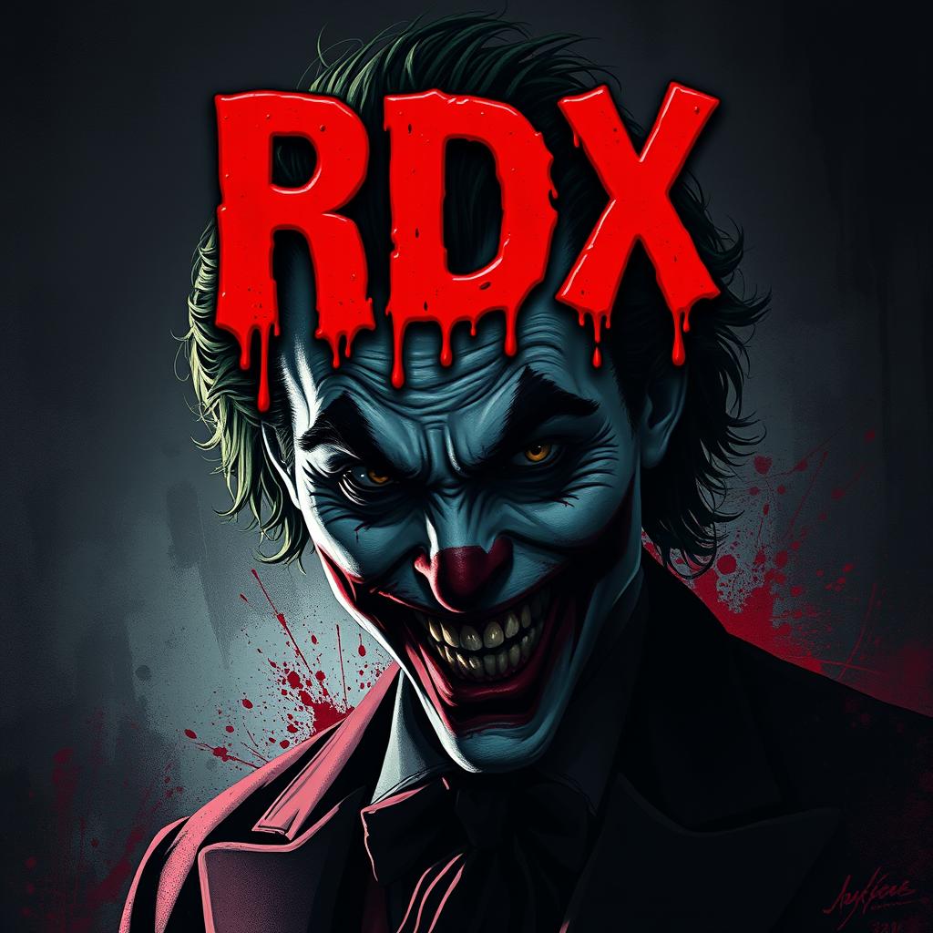 A dark and moody portrait of the Joker from 2019 with a sinister expression, prominently displayed above his head is the bloody text reading with dramatic dripping RDX, styled in a horror movie theme