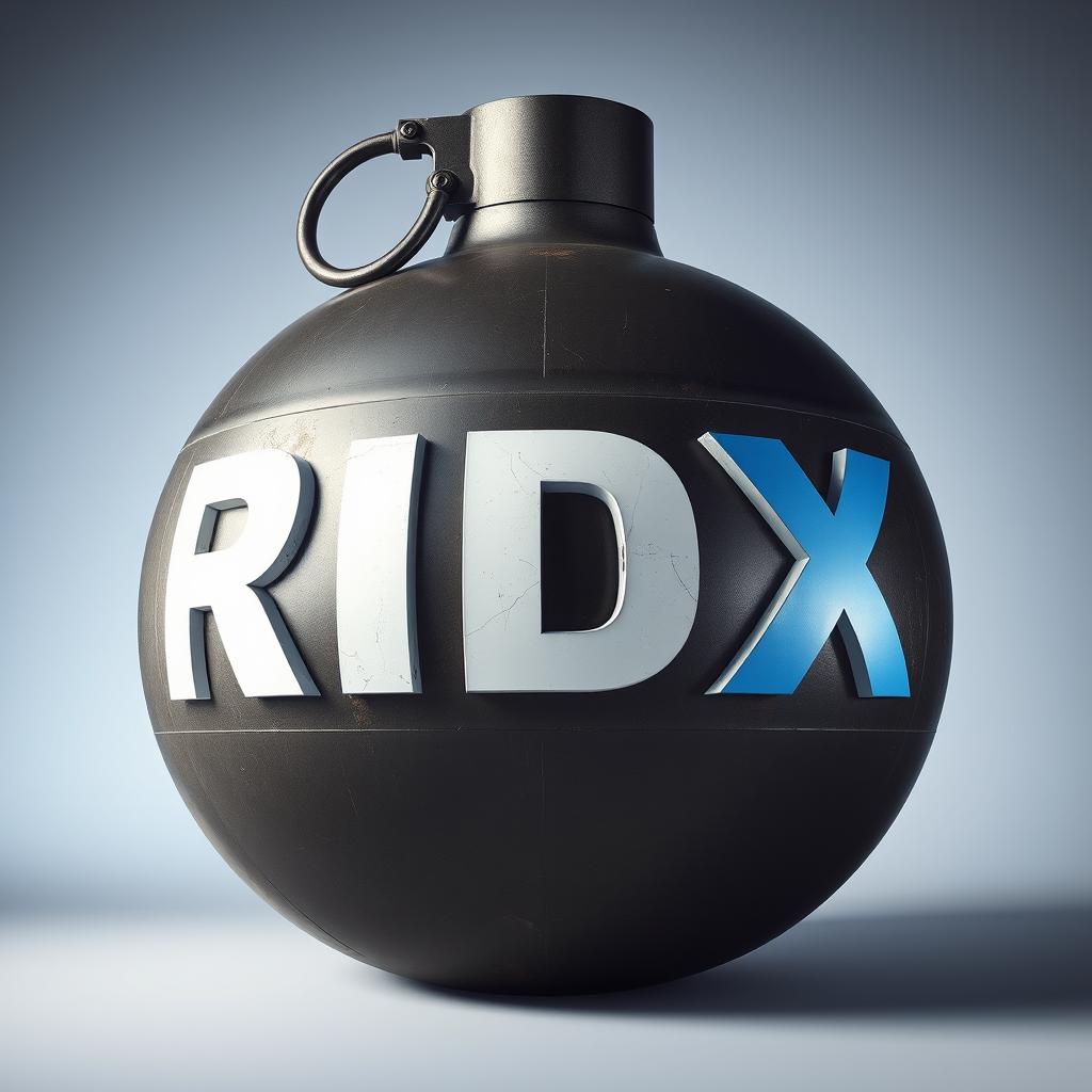 A large, detailed depiction of a bomb marked with the letters 'RDX'