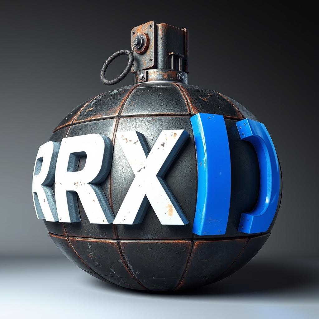 A large bomb labeled RDX, prominently displaying the letters 'R' and 'X' in bold white font, and the letter 'D' in an eye-catching blue color