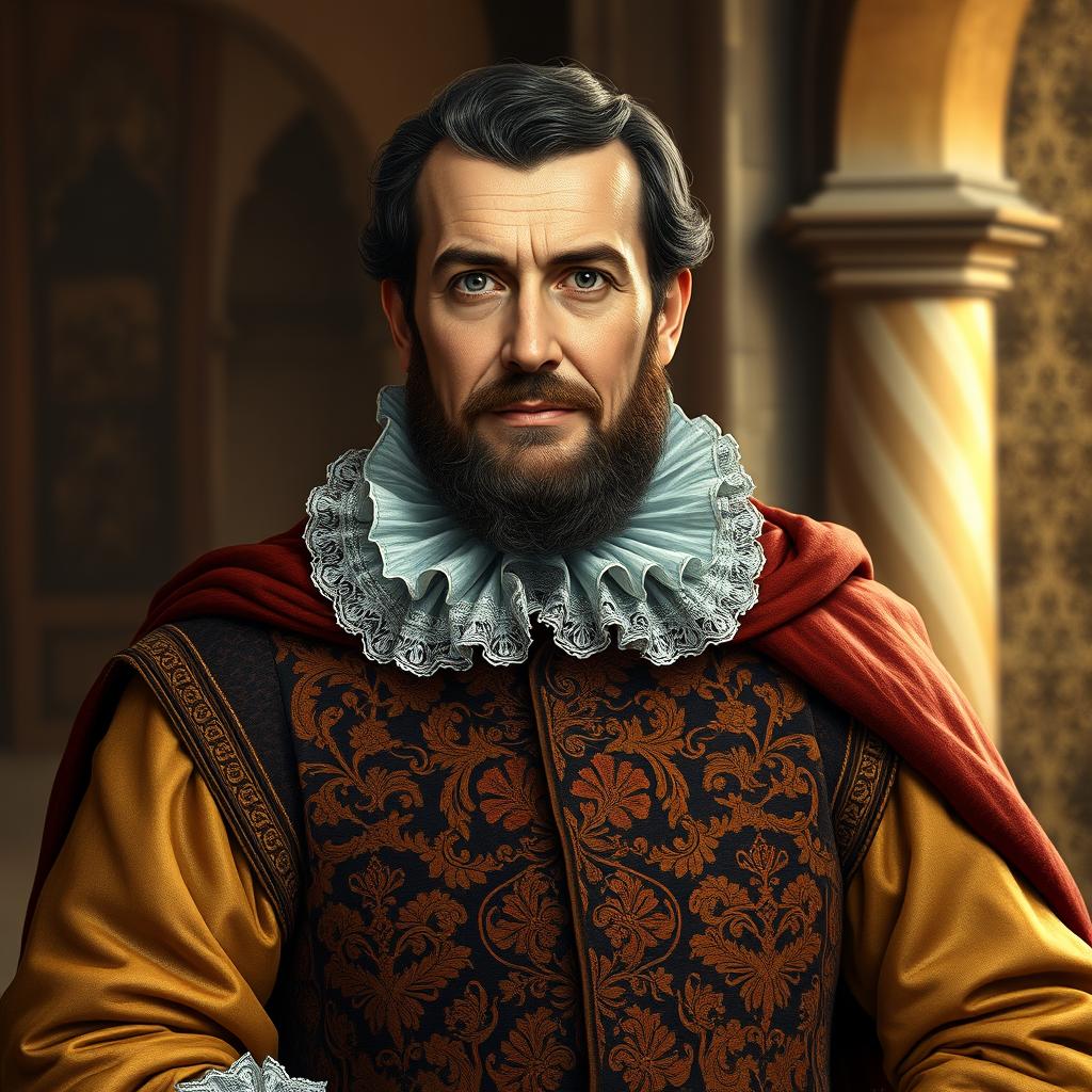A detailed portrait of Martim de Sá, a distinguished historical figure, dressed in 16th-century noble attire