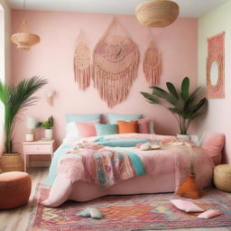 An interior shot of a vibrantly decorated boho bedroom in pastel colors that could be featured in an interior design editorial.