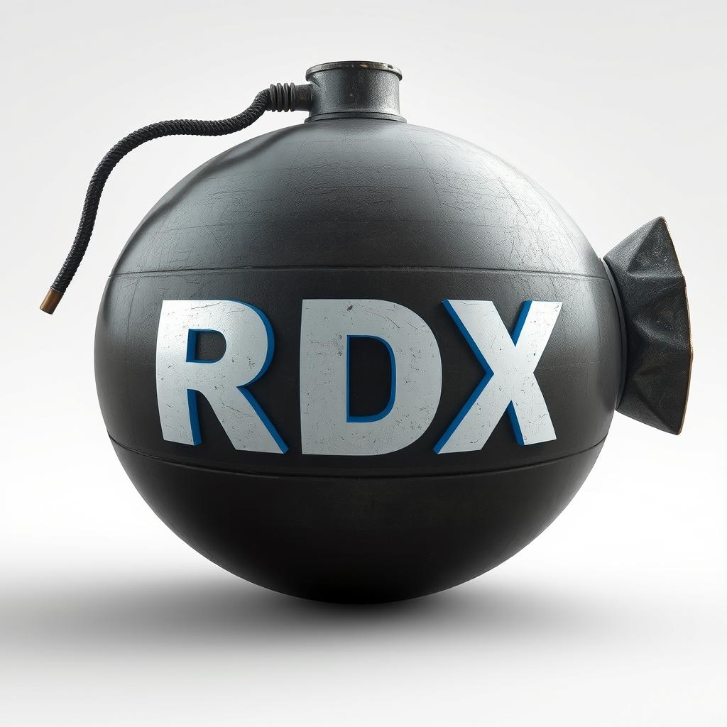 A large, detailed depiction of a bomb prominently marked with the letters 'RDX'