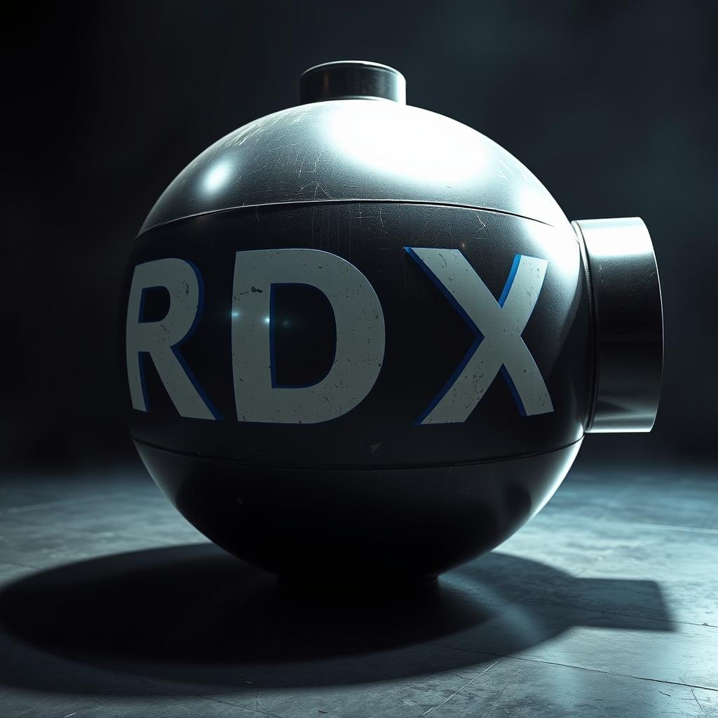 A large bomb with the word 'RDX' written on its surface