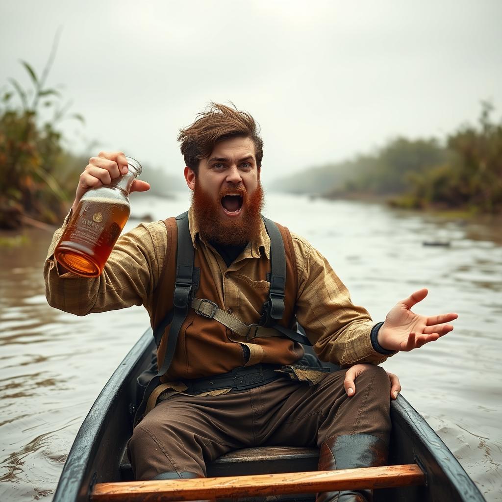 A 22-year-old man with a beard and brown hair, dressed in a paleontologist's outfit, holding a beer jug, drinking and shouting while telling stories