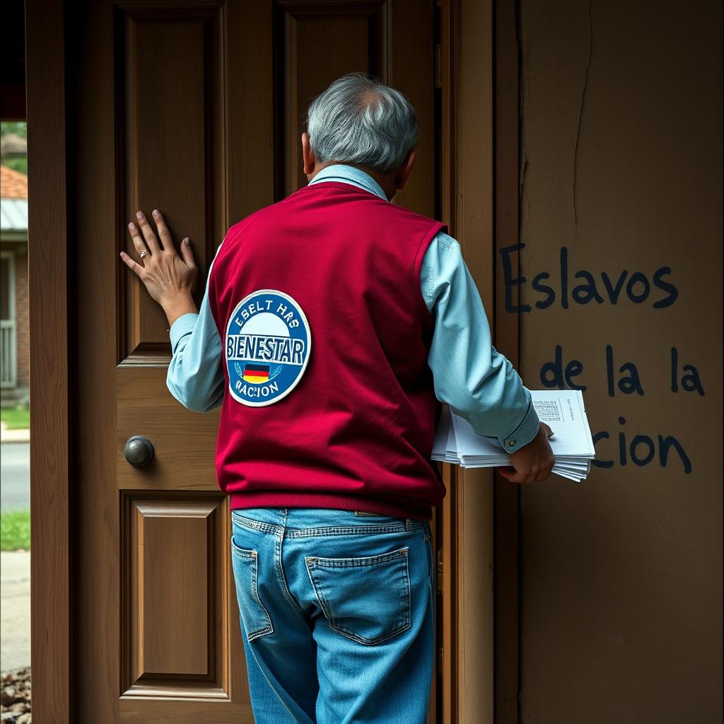 A scene depicting a weary man wearing blue jeans and a maroon vest with the Bienestar badge prominently displayed on his back