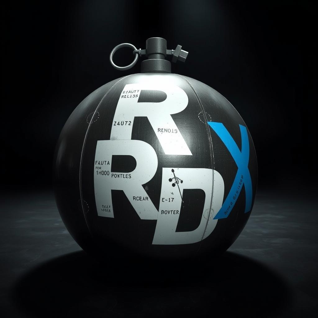 A large bomb prominently displaying the designation 'RDX'