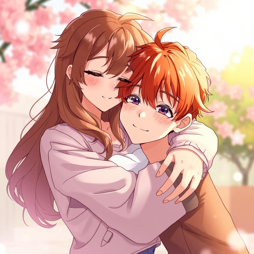 A brown-haired woman lovingly embraces a red-haired man, both depicted in a vibrant anime style