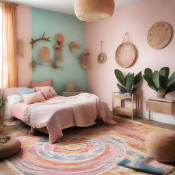 An interior shot of a vibrantly decorated boho bedroom in pastel colors that could be featured in an interior design editorial.