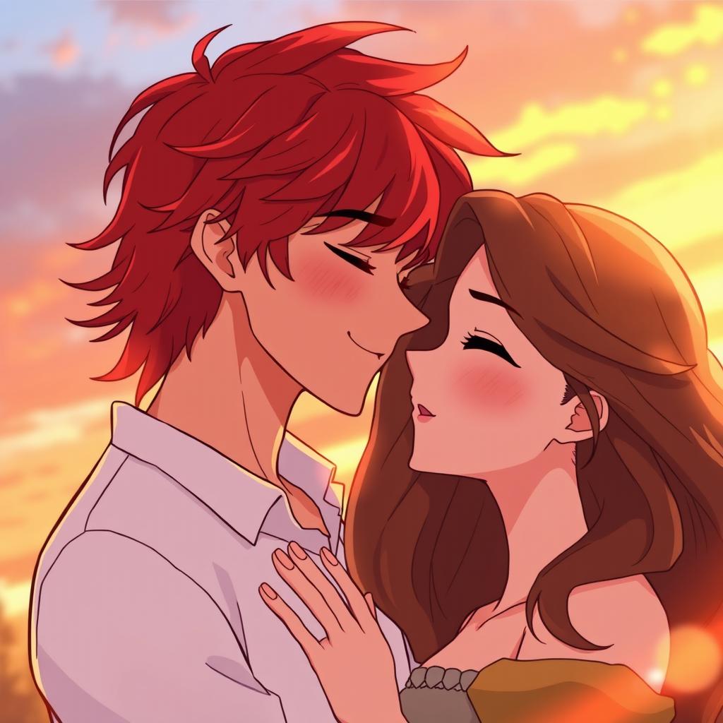 An anime-style illustration of an adult couple about to kiss