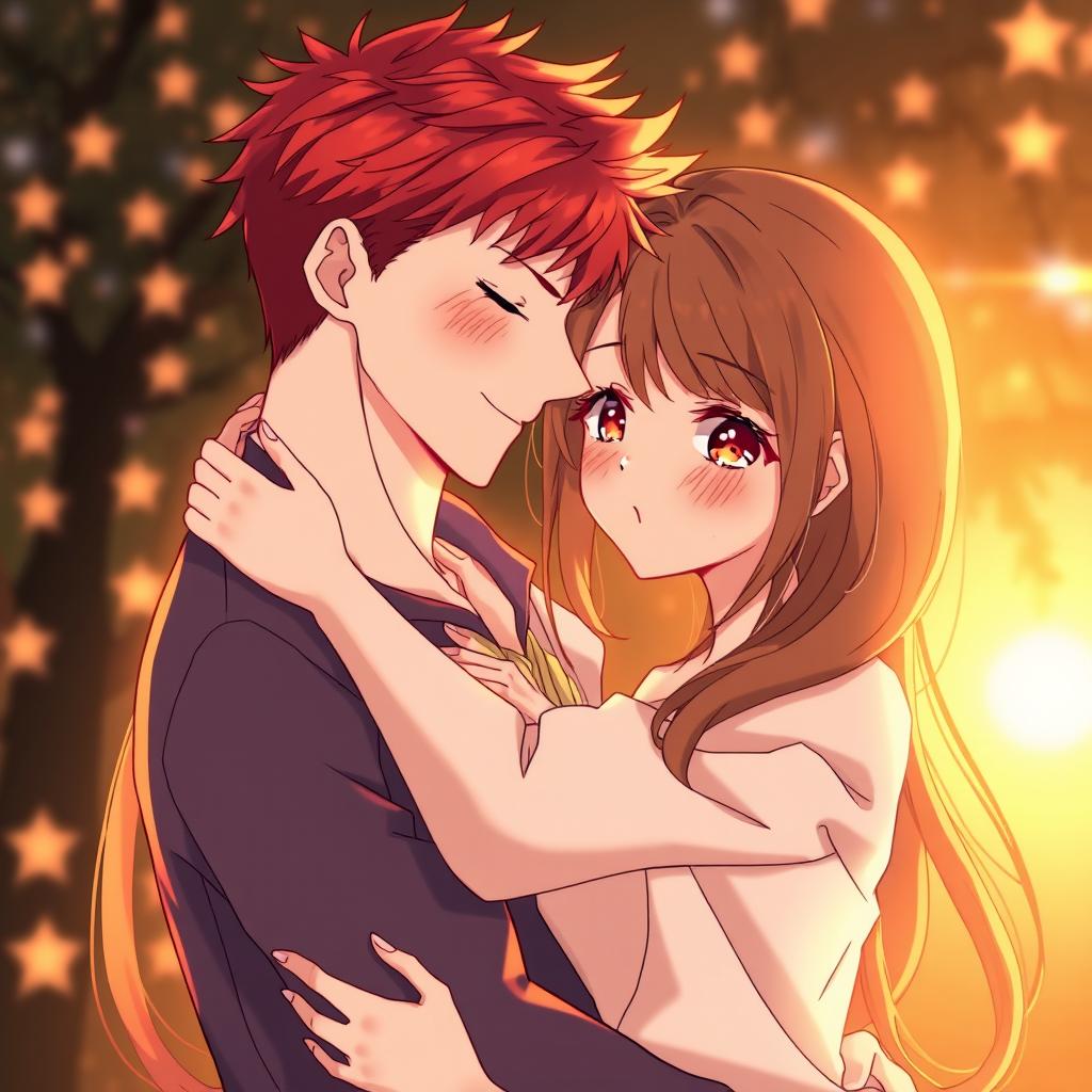 An anime-style illustration depicting an adult couple in a romantic embrace