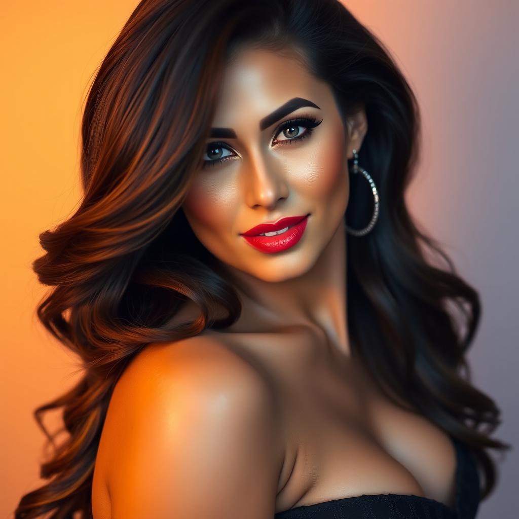 A stunning close-up portrait of a curvaceous woman with a confident expression, featuring luxurious long dark hair cascading over her shoulders, wearing a fashionable, form-fitting outfit that highlights her curves
