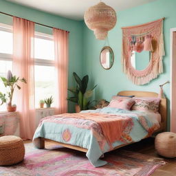 An interior shot of a vibrantly decorated boho bedroom in pastel colors that could be featured in an interior design editorial.