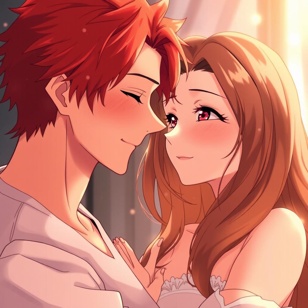 A moment of intimacy between a couple, the man with vibrant red hair and a warm, loving expression, gazing affectionately at the woman