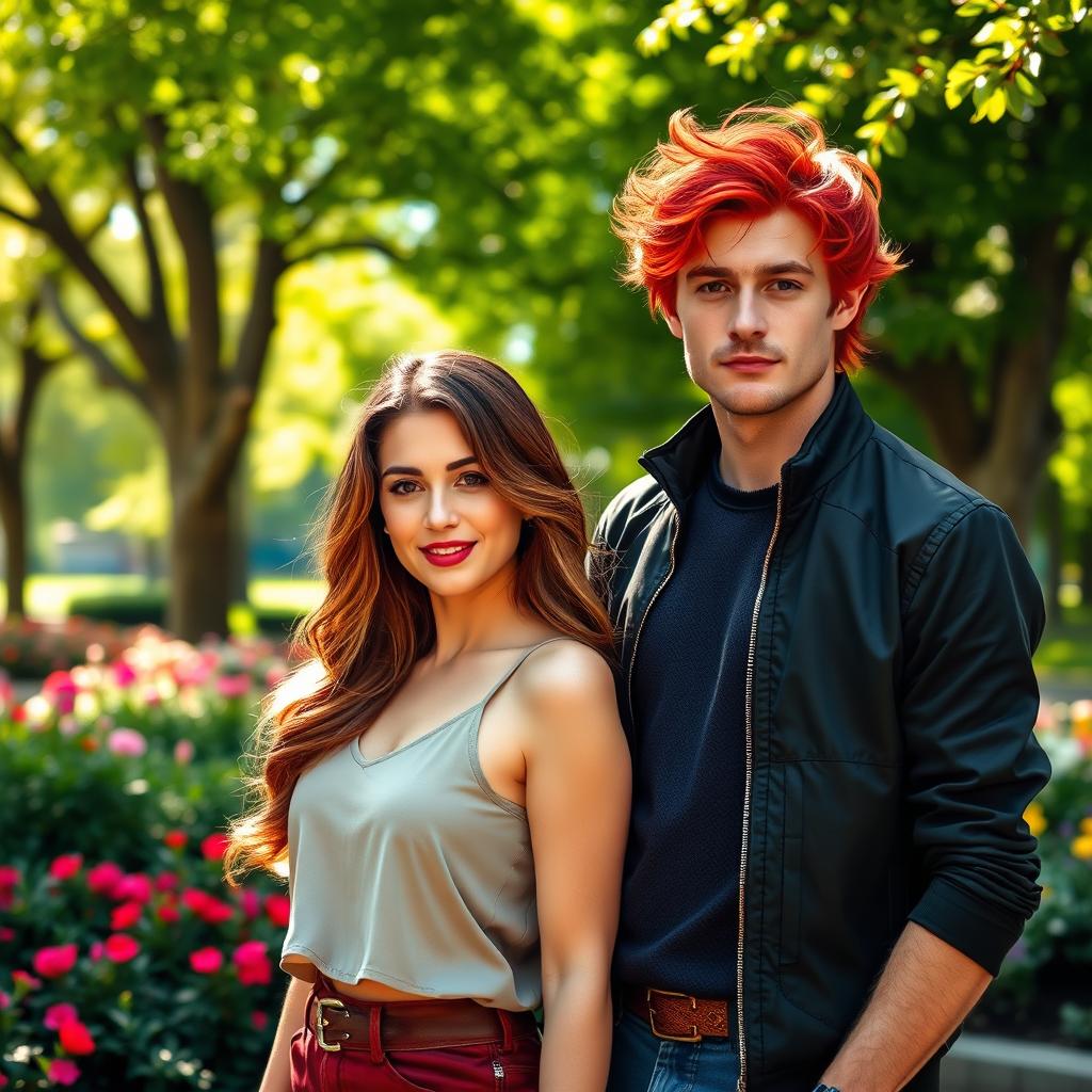 A stunning scene featuring a brown-haired woman and a red-haired man