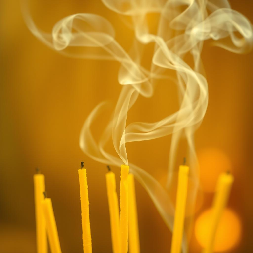 A close-up image of yellow burning incenses emitting heavy, swirling smoke that fills the air, creating a mystical and serene ambiance