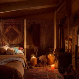 A bohemian-style bedroom lit by candles, featuring a wooden bed, vibrant, eclectic furnishings, and an overall amber mood lighting