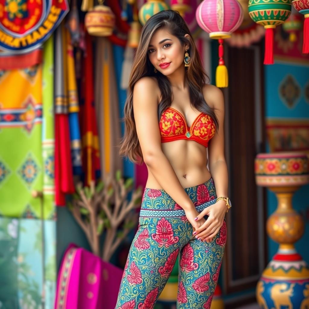 A fashionable and trendy young woman wearing colorful desi-style leggings that accentuate her figure, focusing on the intricate patterns and vibrant colors typical of traditional designs
