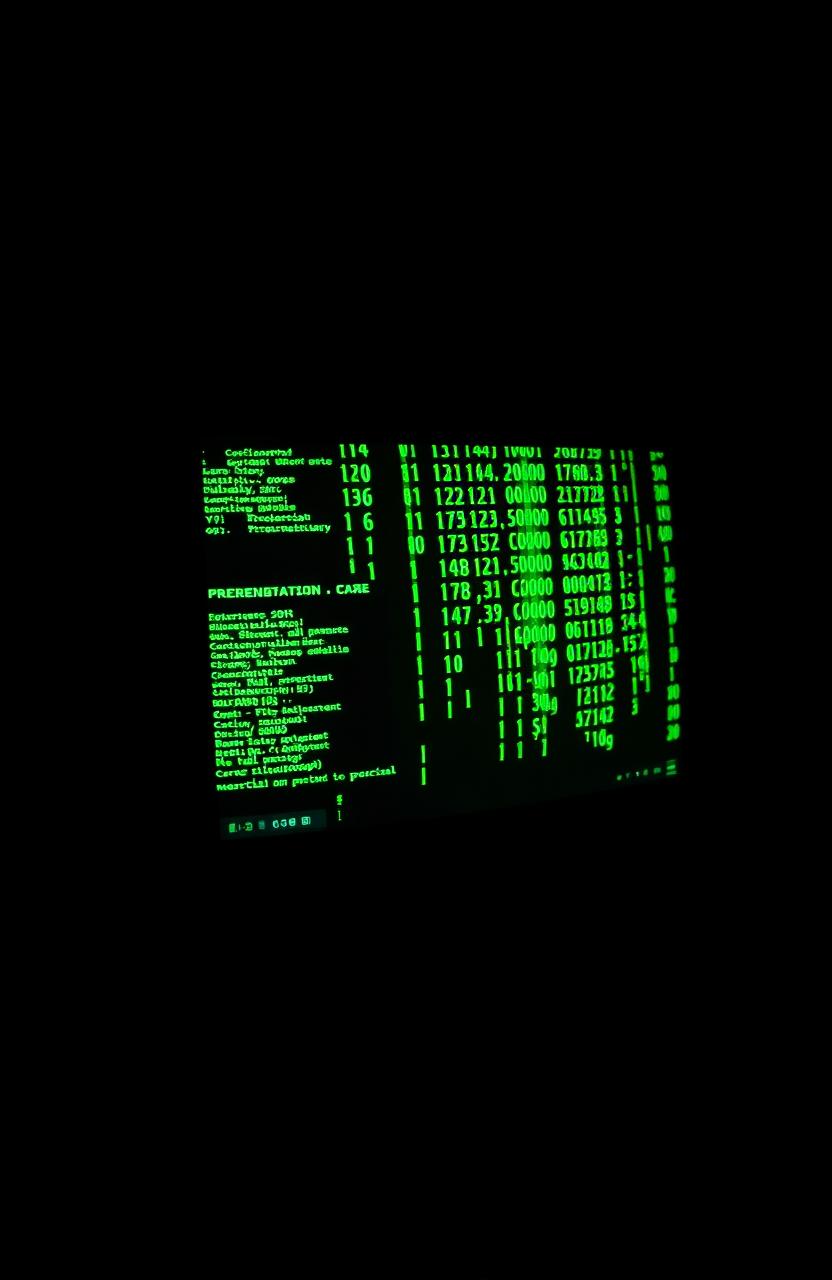 A computer with a dark screen displaying green hacker-style symbols, including various alphanumeric characters, digital glitches, and matrix-like code streams