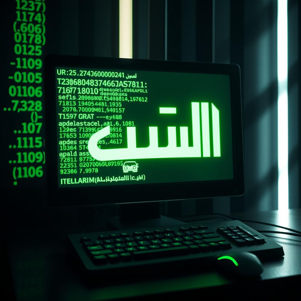 A clear image of a computer screen displaying bright green hacker-style symbols and letters