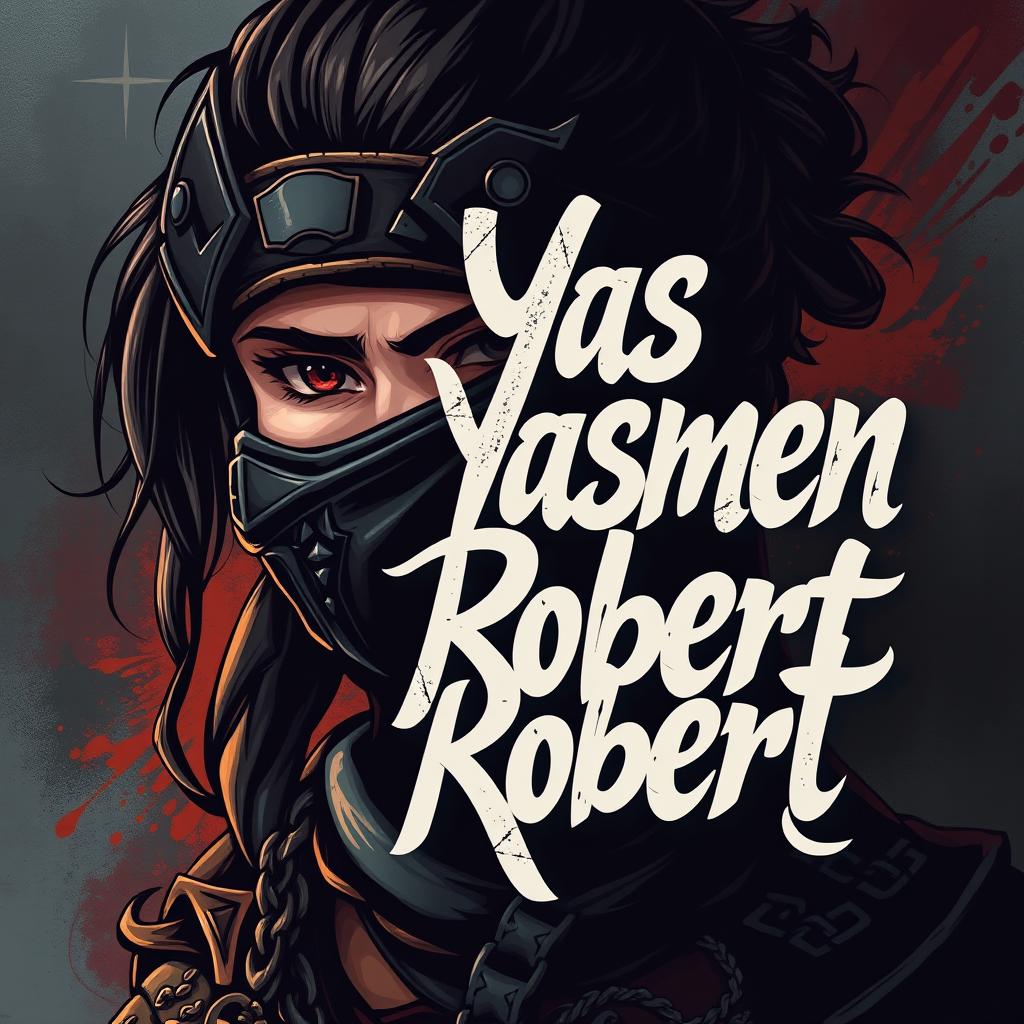 A half portrait of a warrior girl with a mask covering one side of her face, showcasing fierce and determined features