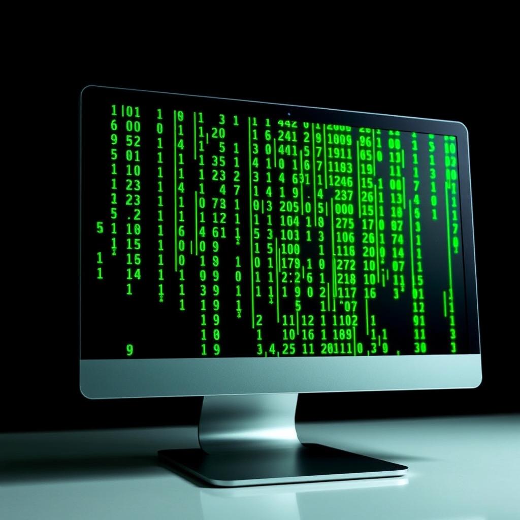 A clear image of a computer screen featuring bright green text and symbols, resembling hacker code or digital glyphs