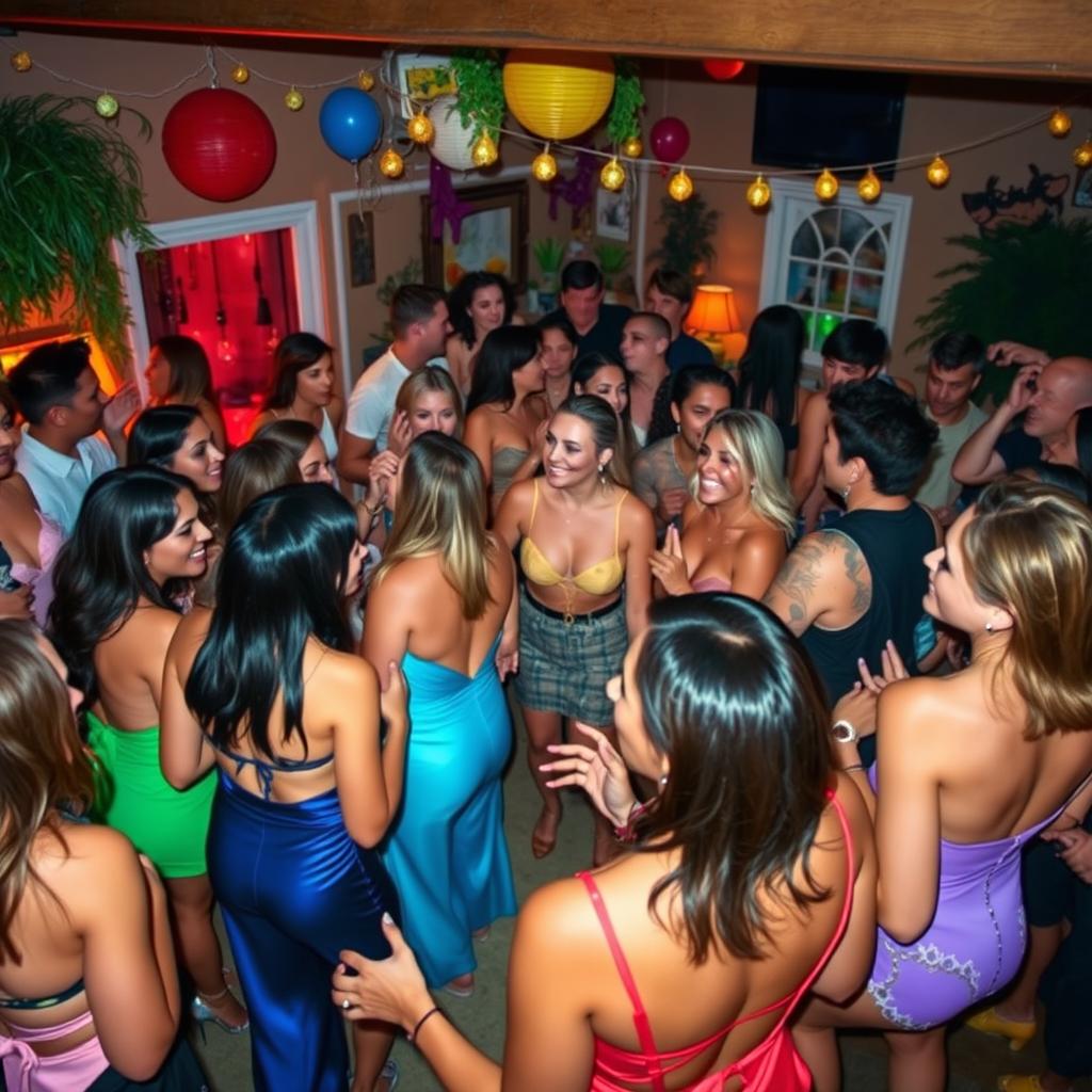 A vibrant house party scene filled with diverse adults engaging in lively conversations and interactions, showcasing a variety of trendy, revealing outfits that accentuate their personalities