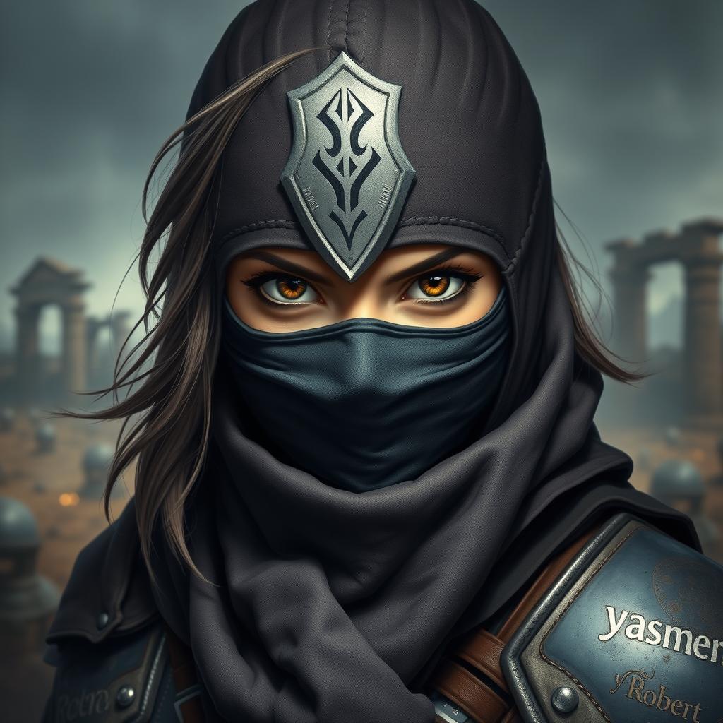 A masked warrior girl with fierce determination in her eyes, wearing a stylish scarf adorned with the words 'yasmen Robert'