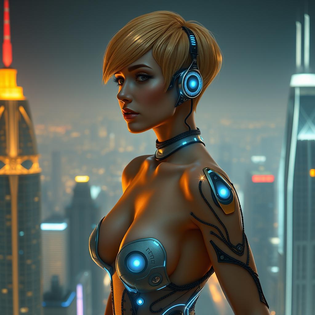 A beautiful, sleek, curvy, golden-hued female cyborg with a pixie-cut hairstyle, showcasing porcelain skin and intricate wire designs highlighted with dark blue trim and LED lights
