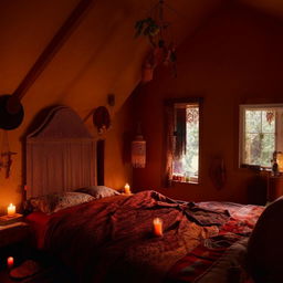 A bohemian-style bedroom lit by candles, featuring a wooden bed, vibrant, eclectic furnishings, and an overall amber mood lighting