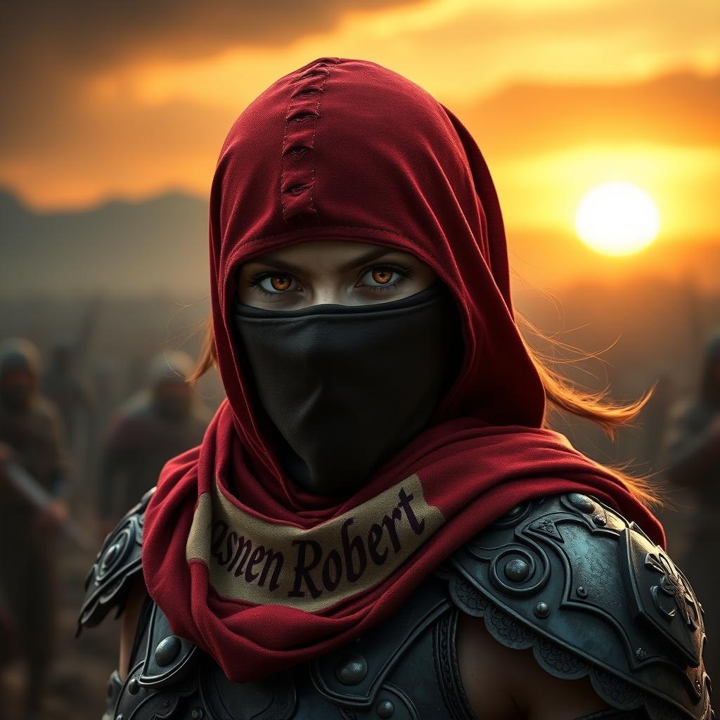 A fierce warrior girl with a masked face, wearing a scarf that has the name 'yasmen Robert' elegantly printed on it