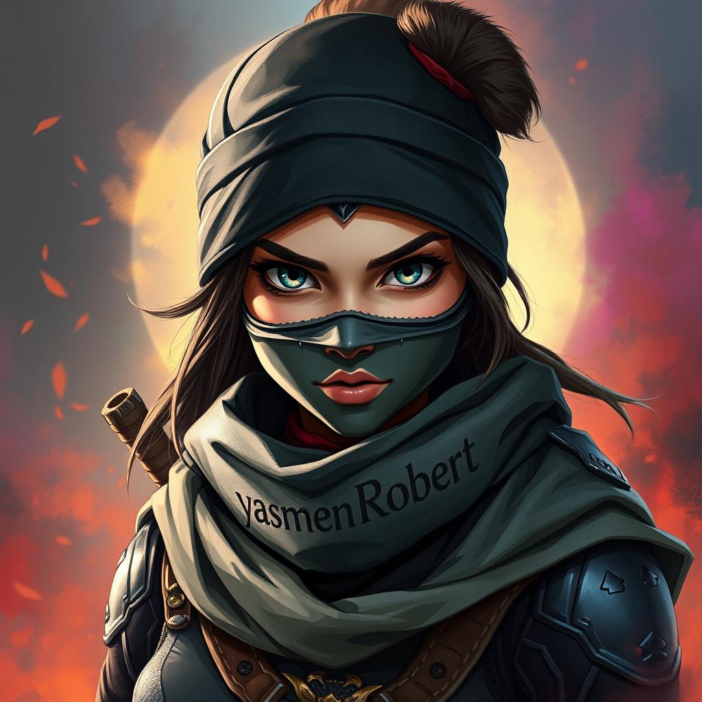A portrait of a masked girl warrior with striking features, wearing a scarf that reads 'yasmen Robert'