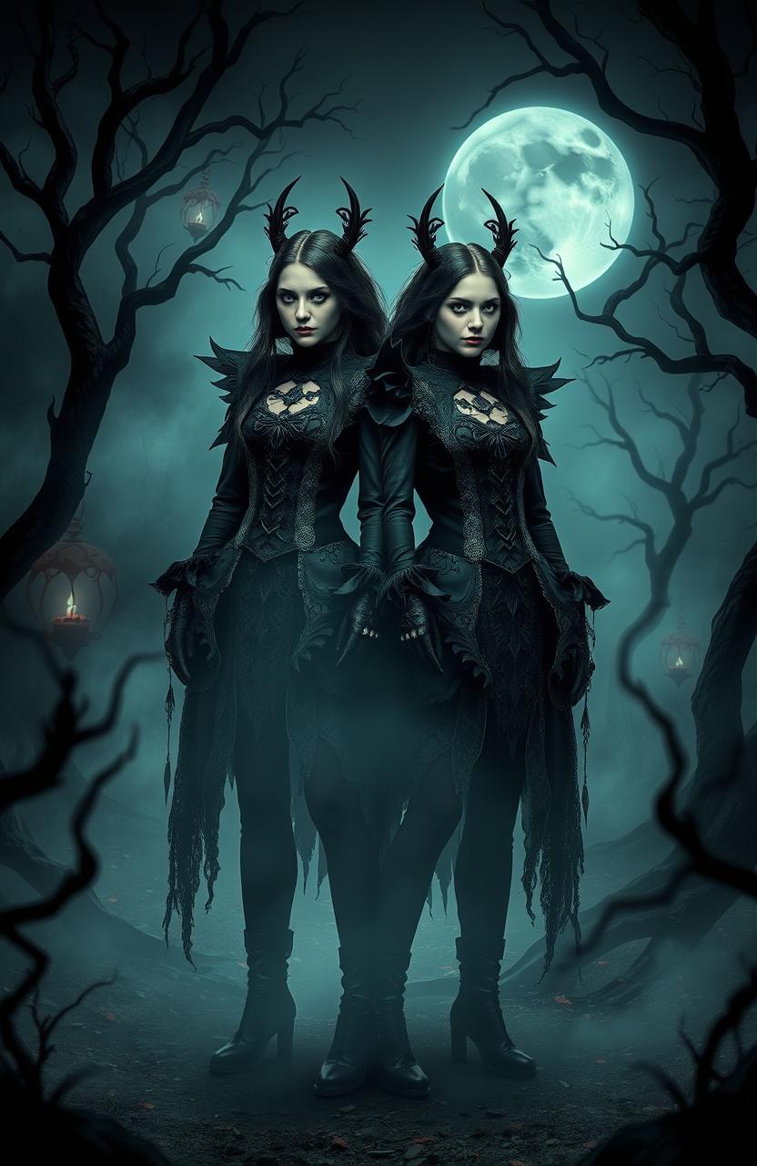 A captivating scene featuring twin characters in a dark fantasy setting, exuding an air of mystery and psychological thriller elements