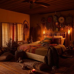 A bohemian-style bedroom lit by candles, featuring a wooden bed, vibrant, eclectic furnishings, and an overall amber mood lighting