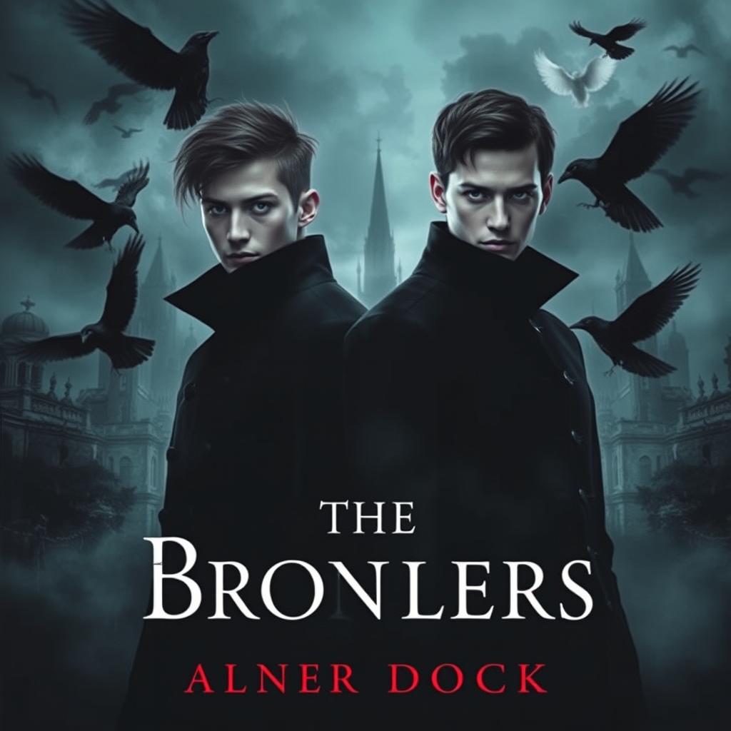 A dark and gothic book cover featuring twin brothers as the central focus, standing in the shadows with intense expressions that convey mystery and determination