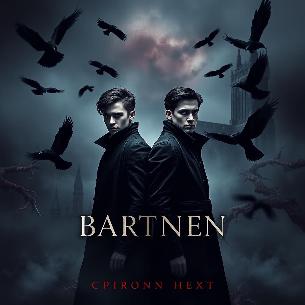A dark and gothic book cover featuring twin brothers as the central focus, standing in the shadows with intense expressions that convey mystery and determination