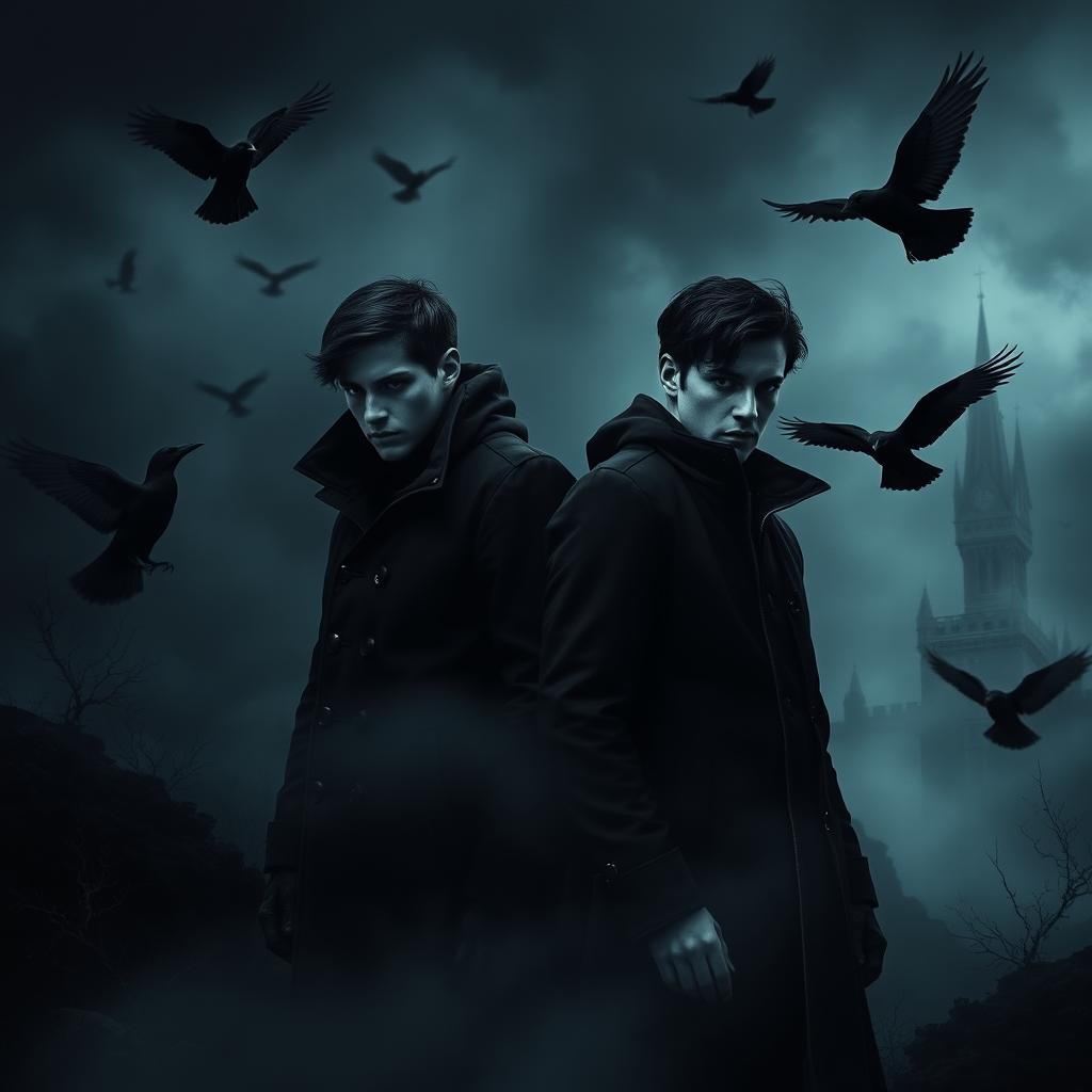 A dark and gothic book cover featuring twin brothers as the central focus, standing in the shadows with intense expressions filled with mystery and determination