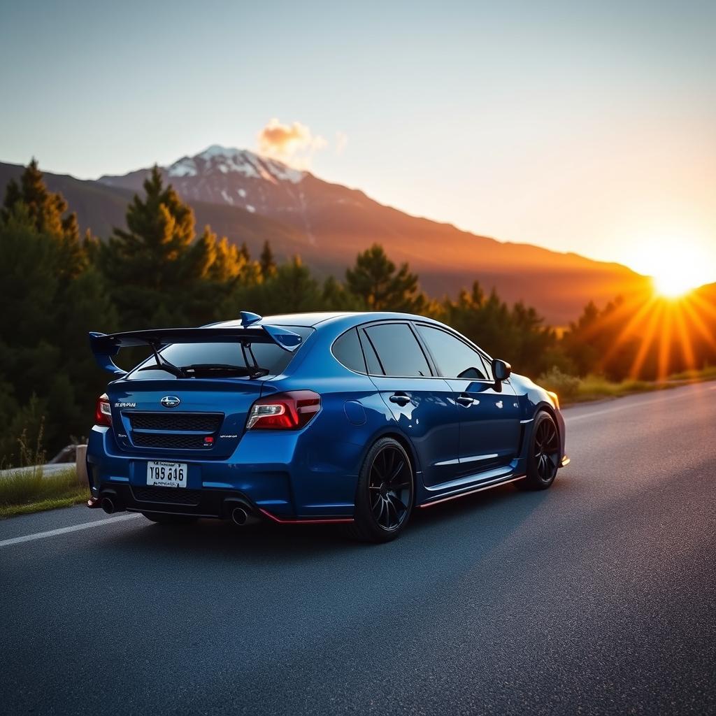 A stunning, high-performance Subaru car parked on a scenic mountain road, showcasing its sleek design and vibrant blue color