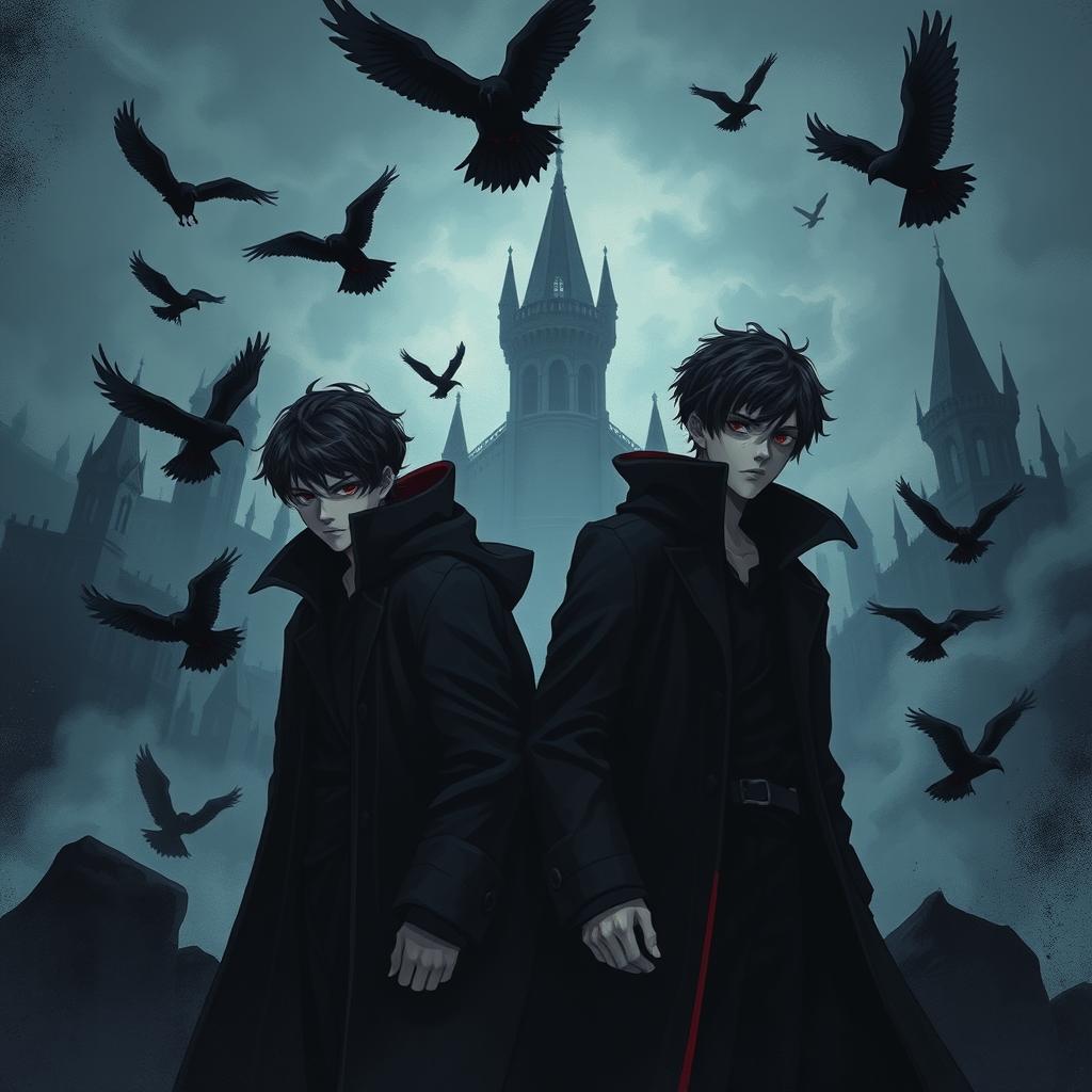 A dark fantasy and gothic-inspired illustrated book cover created in an animated, comic-style featuring twin brothers as the central focus, standing in the shadows with intense expressions filled with mystery and determination