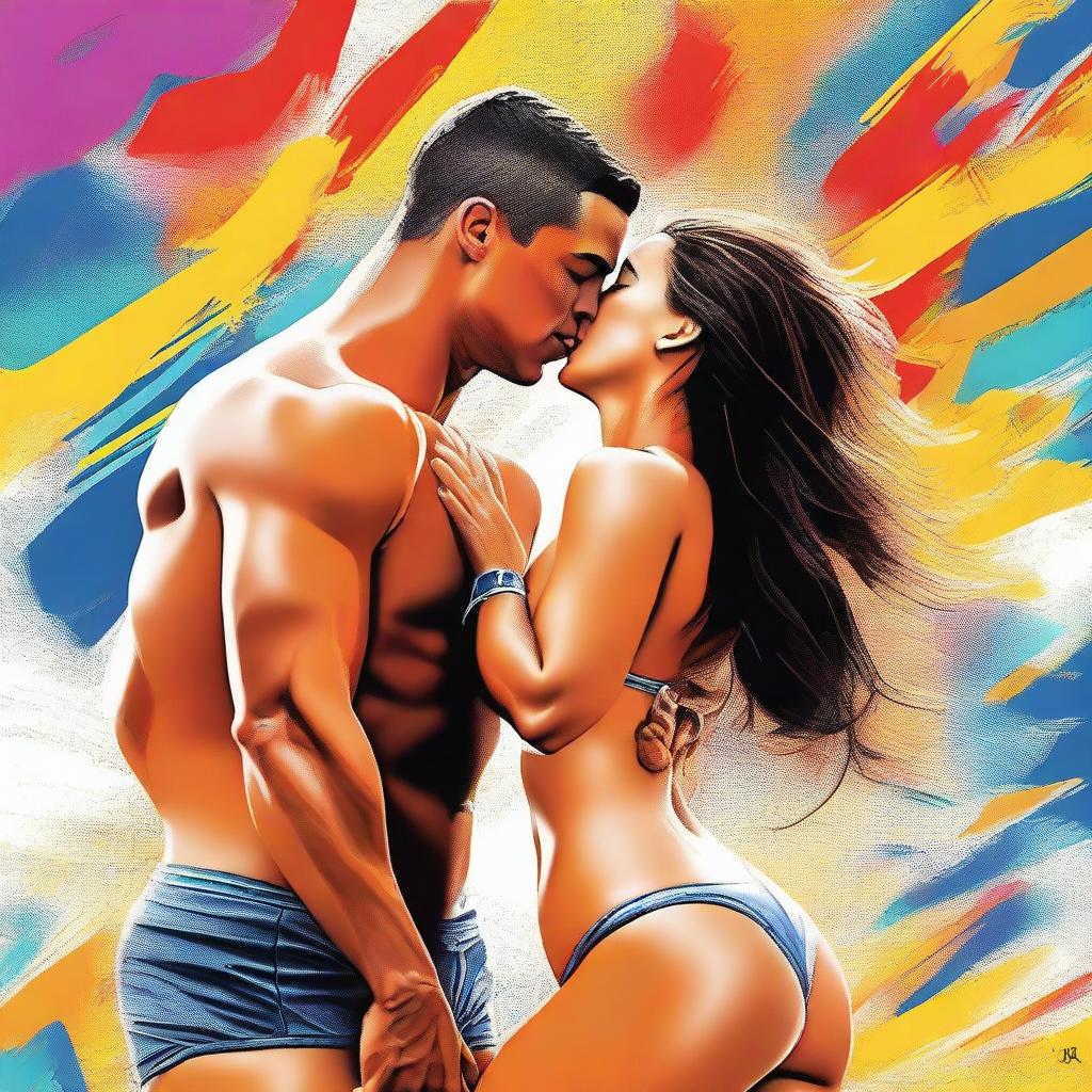 This is a high-quality digital art image that captures the football superstar, Ronaldo, in underwear, sharing a passionate kiss with a girl in a bikini