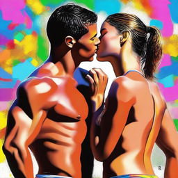 This is a high-quality digital art image that captures the football superstar, Ronaldo, in underwear, sharing a passionate kiss with a girl in a bikini