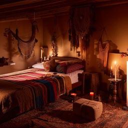 A bohemian-style bedroom lit by candles, featuring a wooden bed, vibrant, eclectic furnishings, and an overall amber mood lighting