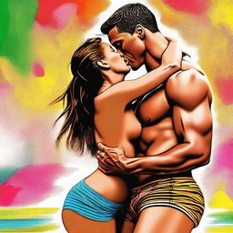 This is a high-quality digital art image that captures the football superstar, Ronaldo, in underwear, sharing a passionate kiss with a girl in a bikini