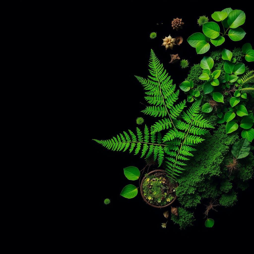 A striking composition showcasing vibrant green vegetation including ferns, leaves, and moss on a stark black background