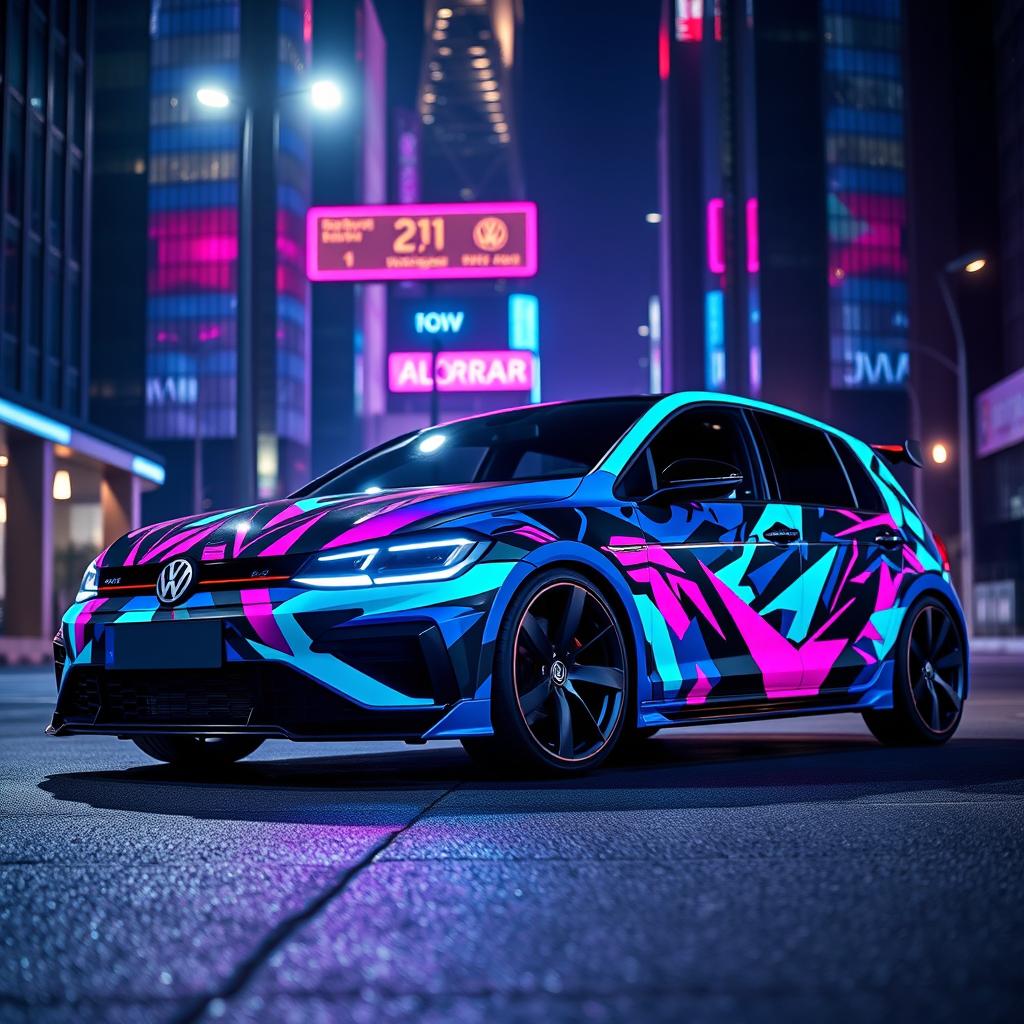 A hyper-realistic Volkswagen Golf 2025, featuring a custom paint job inspired by the vibrant neon aesthetic of the game Valorant