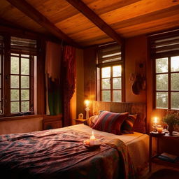 A bohemian bedroom with wooden bed, lit by the soft glow of candles. The room is embellished with vibrant furnishings and features large windows