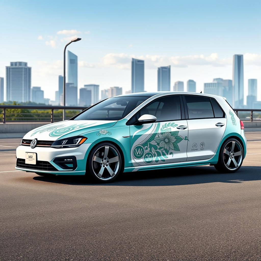 A realistic depiction of the new 2025 Volkswagen Golf, customized with elements inspired by Sage from Valorant